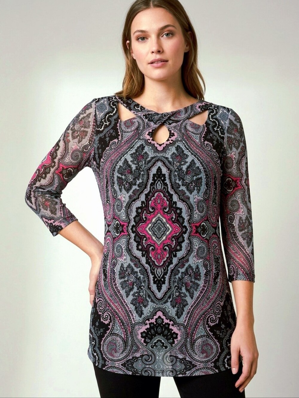 CLEO Keyhole Paisley Tunic Top size L petites